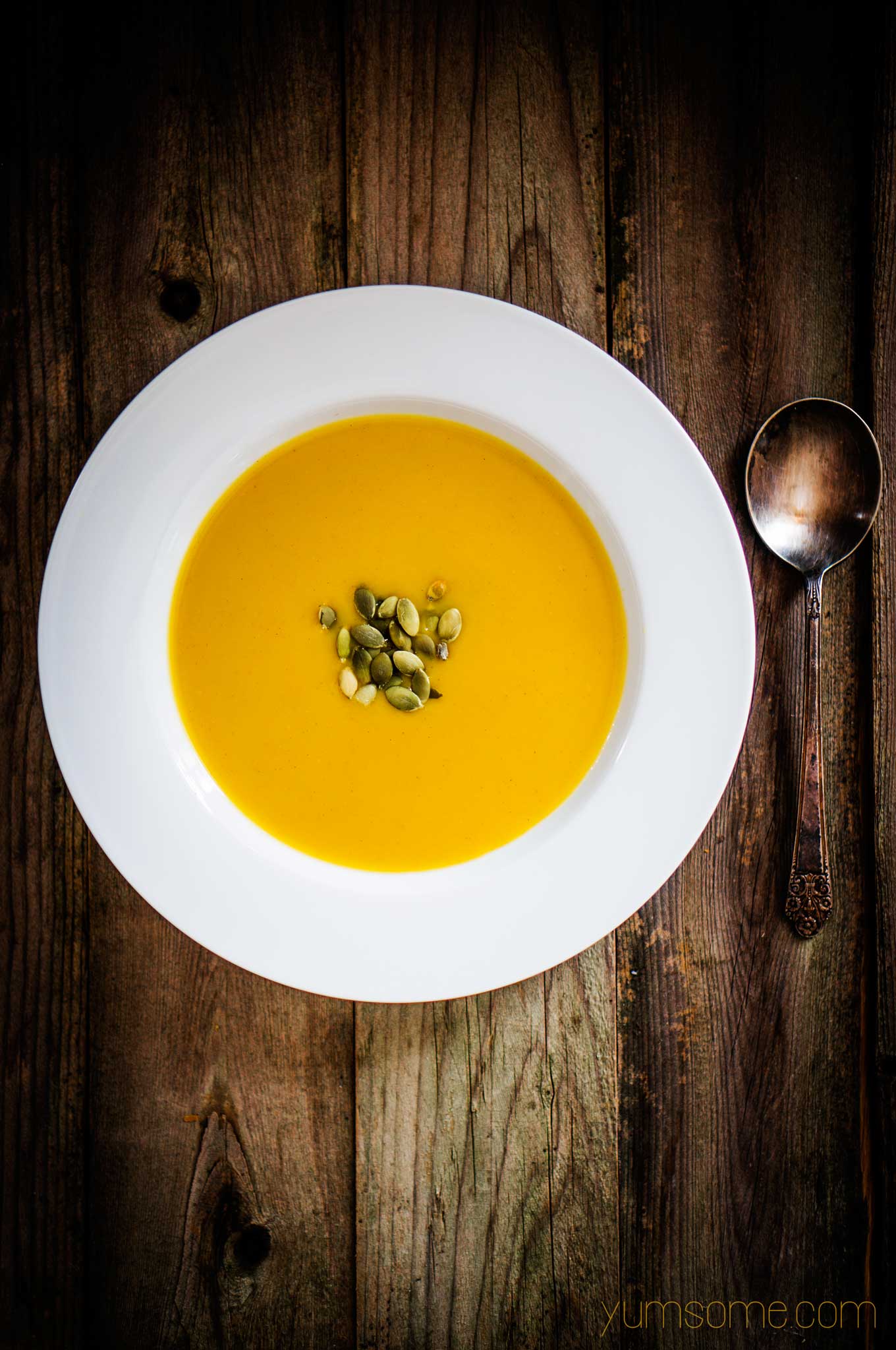 My delicious, vegan, hearty use-it-up pumpkin soup is what cool weather is all about. Brimming with vegetables, it makes a wonderfully filling and warming meal. | yumsome.com