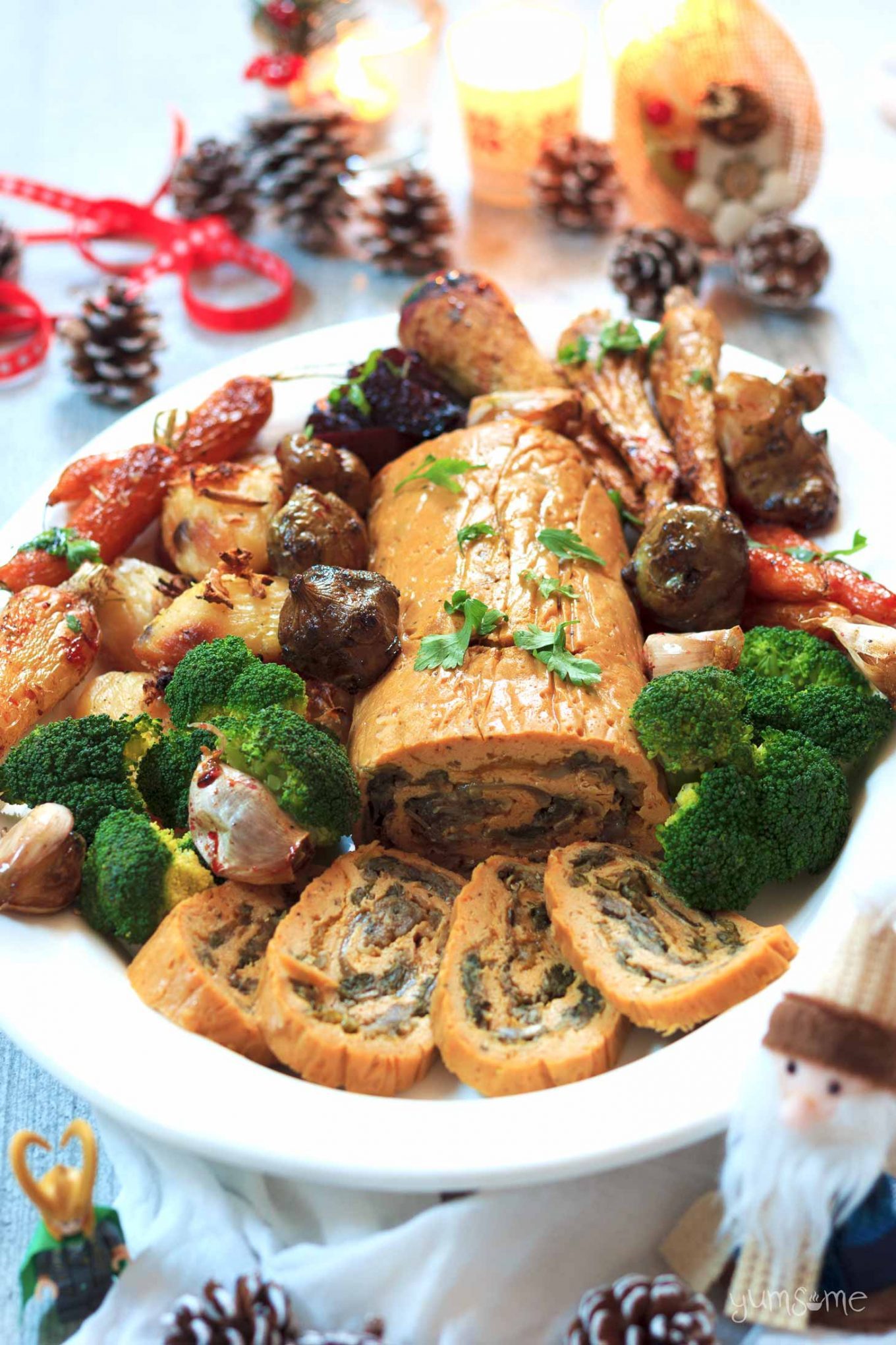 Vegan stuffed seitan roast with all the trimmings, plus some festive decorations.