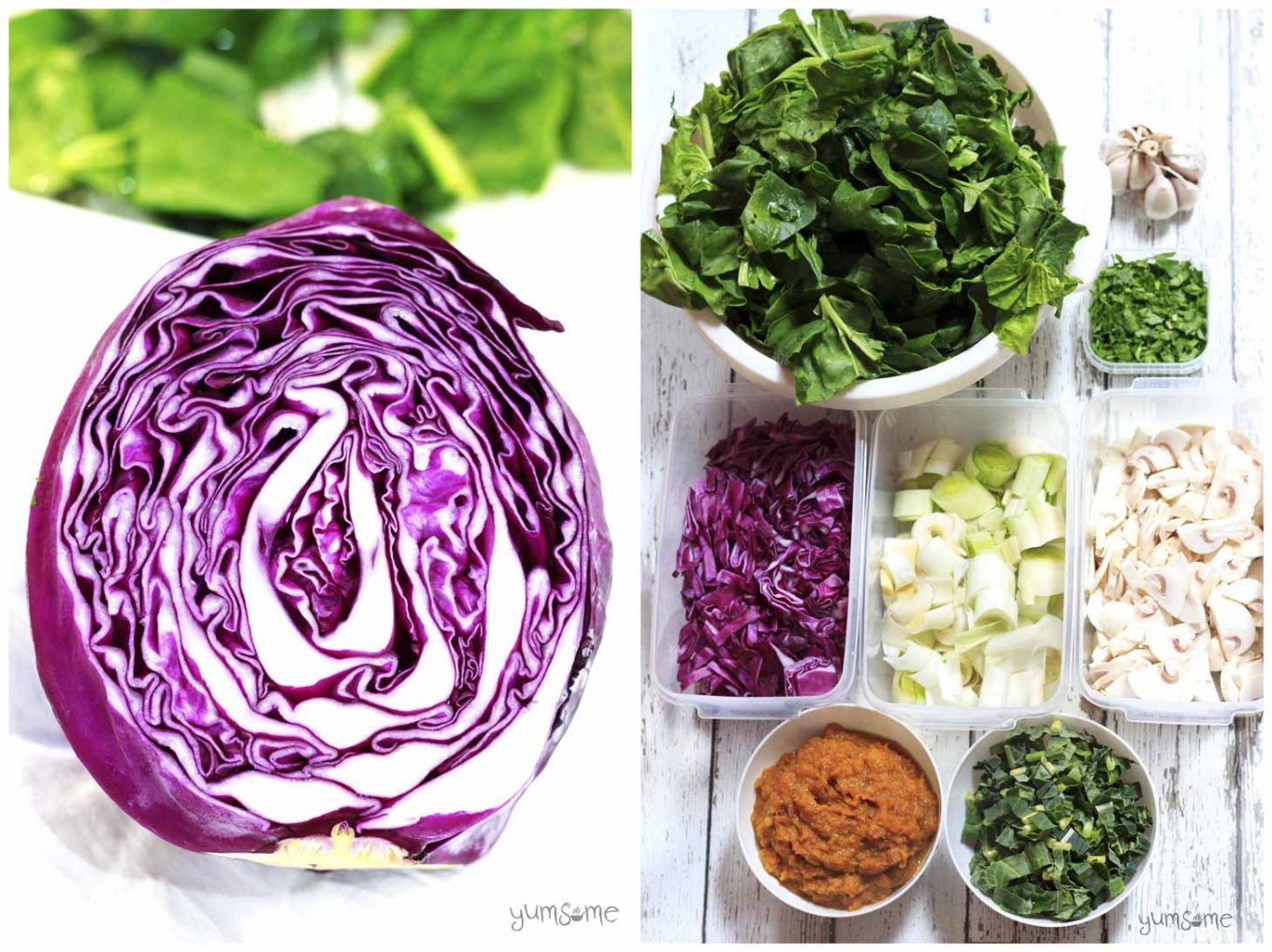 A red cabbage, plus various other ingredients for making vegan red cabbage stuffing.