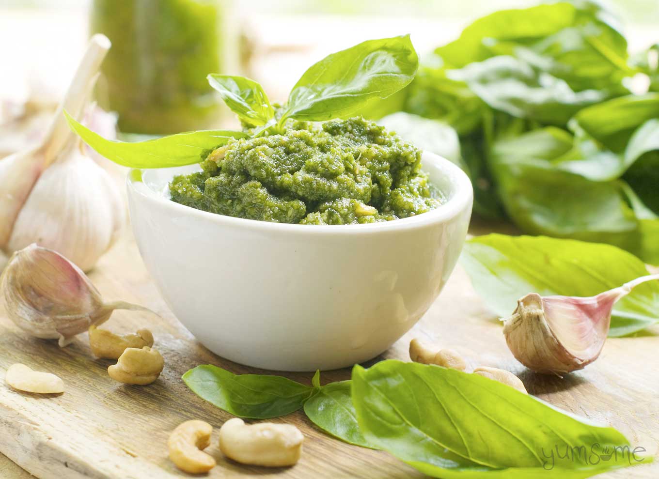 a bowl of 5-minute vegan cashew pesto | yumsome.com