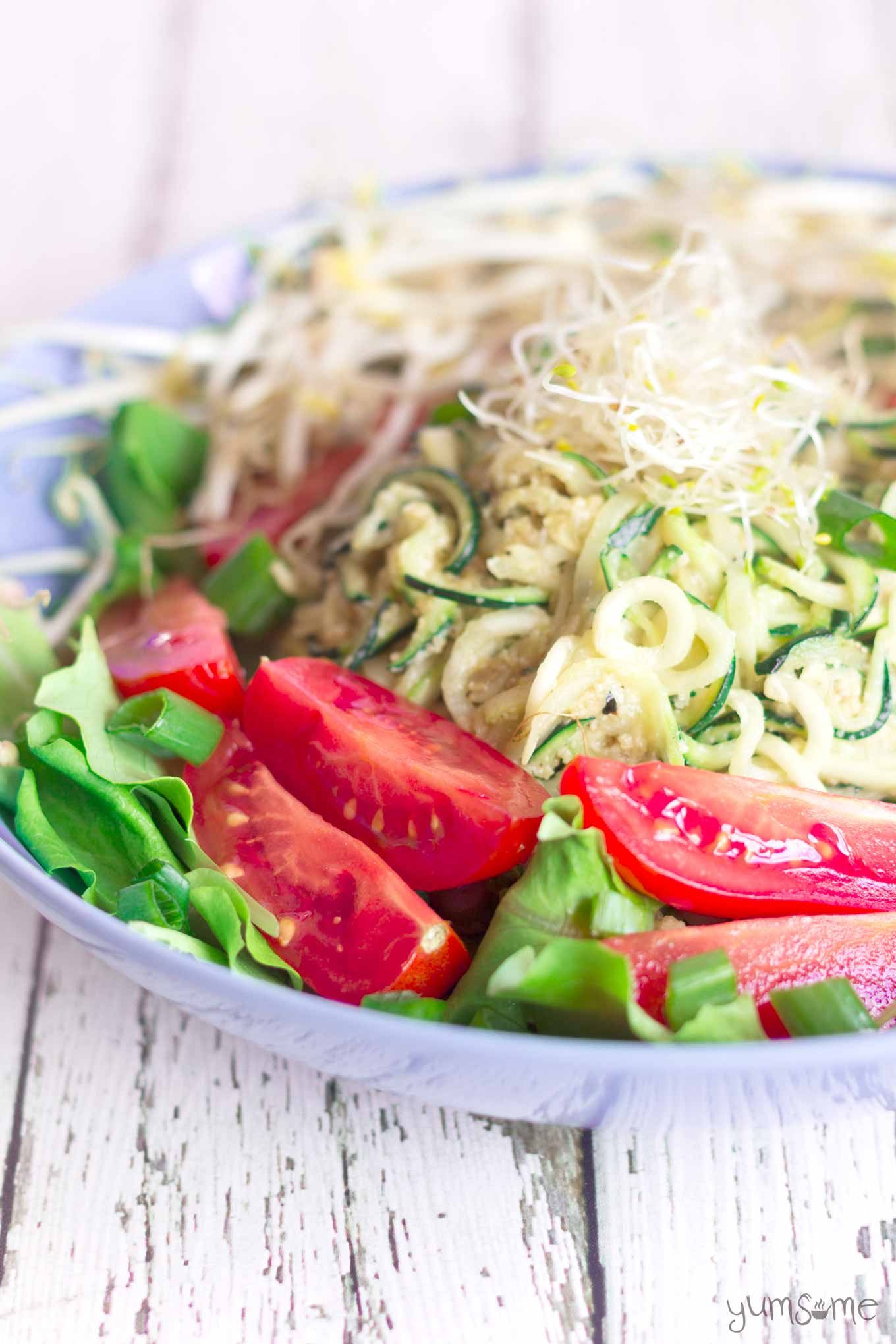 closeup shot of a bowl of zoodles and salad | yumsome.com
