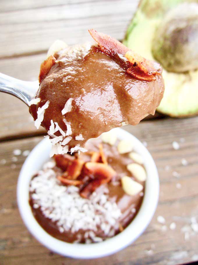 chocolate peanut butter pudding with coconut bacon | veganchickpea.com