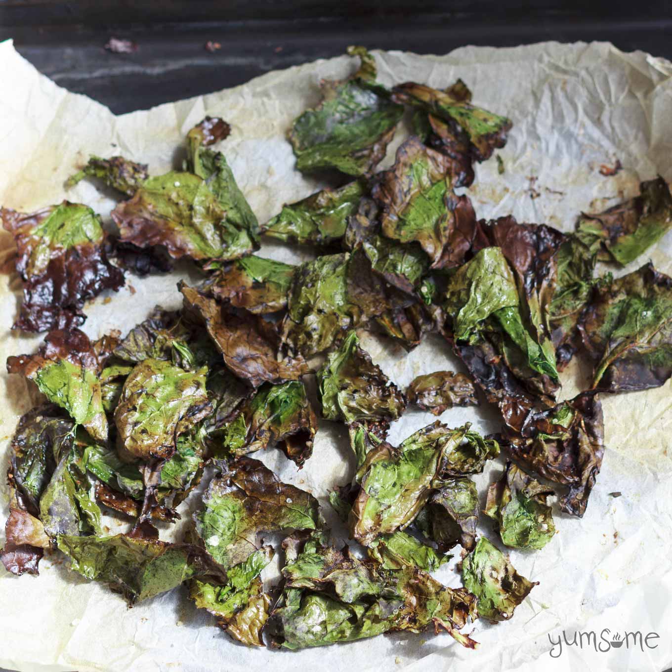 overhead view of kale chips in a roasting pan | yumsome.com