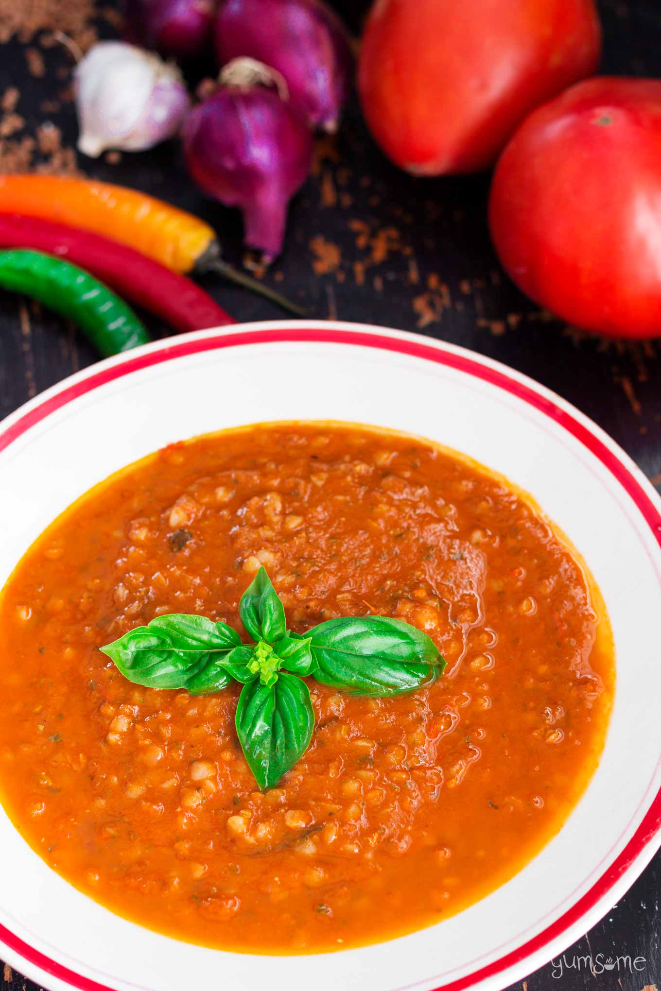 a bowl of spicy tomato, basil, and buckwheat soup | yumsome.com