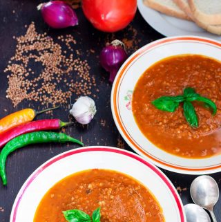 hero image - spicy tomato, basil, and buckwheat soup | yumsome.com