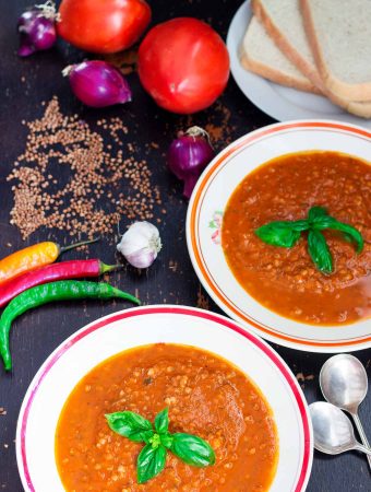 hero image - spicy tomato, basil, and buckwheat soup | yumsome.com