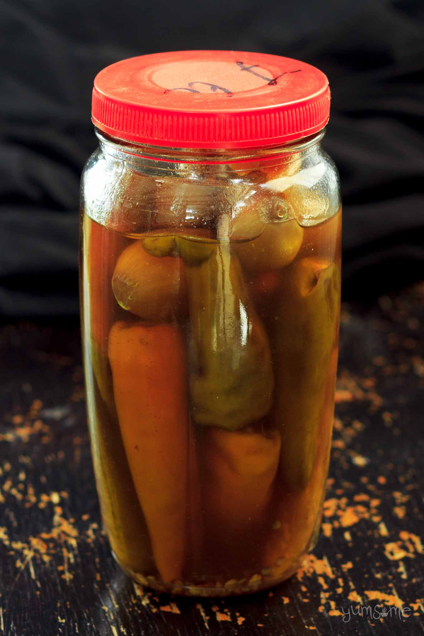 A jar of Romanian pickled chillies.