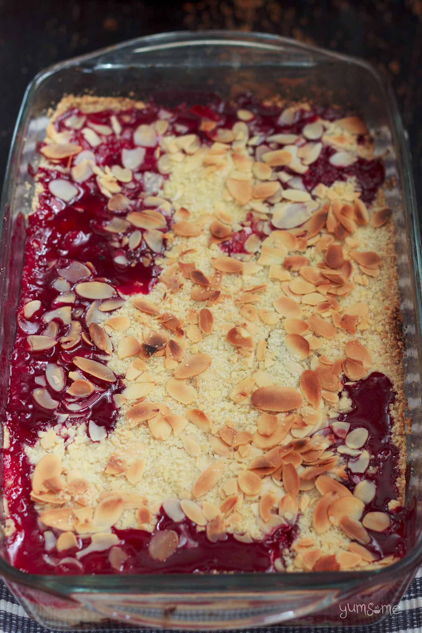 baked vegan spiced plum crumble fresh out of the oven | yumsome.com