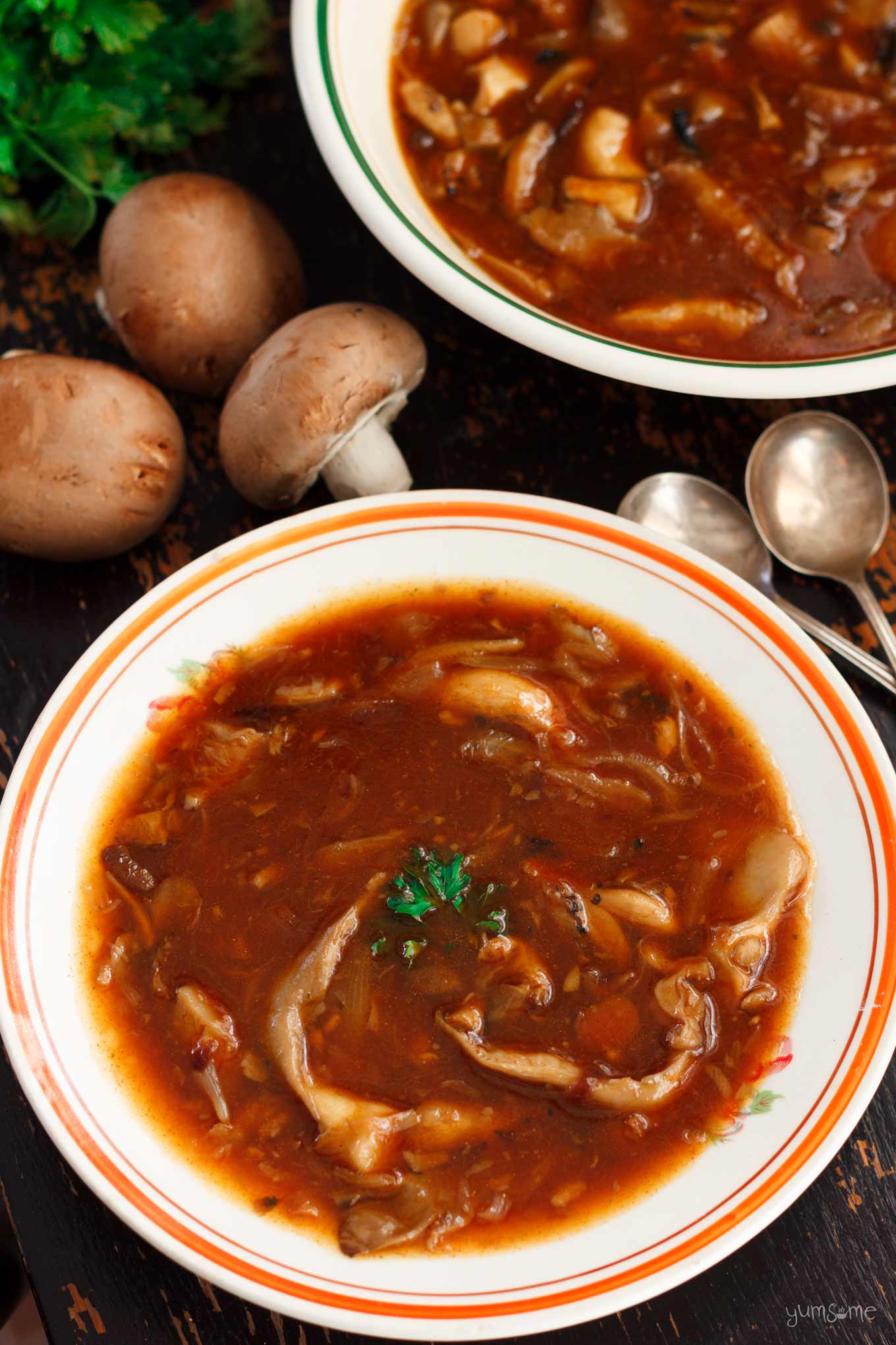 two dishes of hearty vegan mushroom soup | yumsome.com