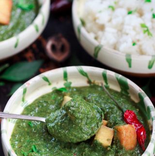 a spoonful of vegan palak paneer | yumsome.com