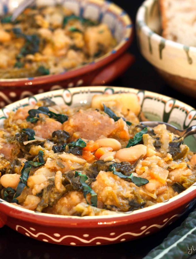 Closeup of a dish of ribollita (Tuscan bread soup).