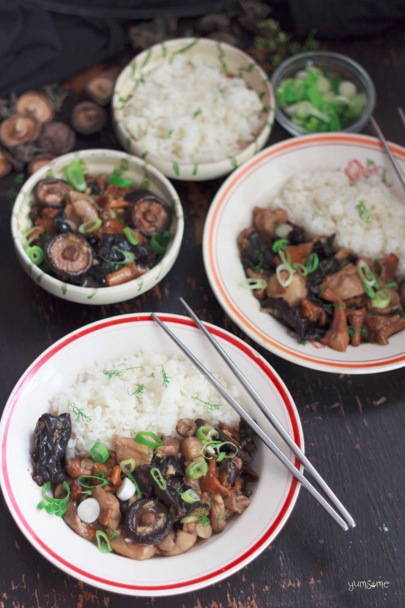 several bowls of asian-style mushrooms with ginger | yumsome.com