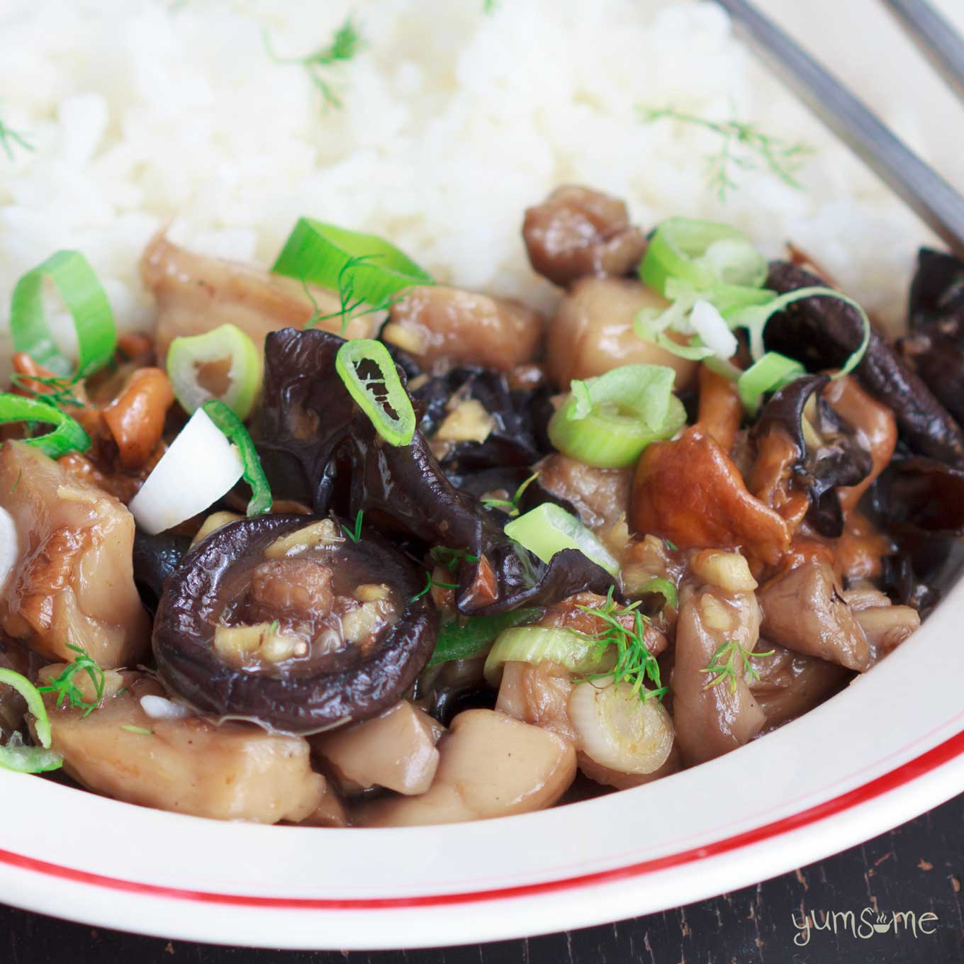 closeup of a bowl of asian-style mushrooms with ginger | yumsome.com