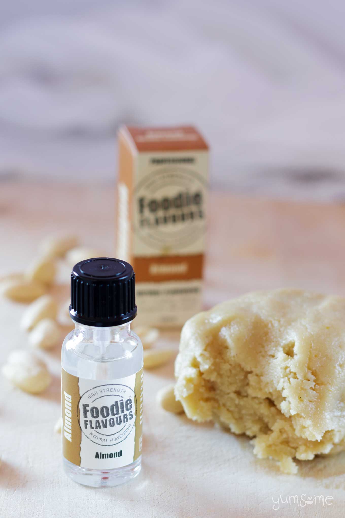 a bottle of foodie flavours almond essence with some marzipan | yumsome.com
