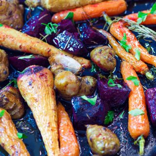 a tray of maple roasted root vegetables yumsome.com