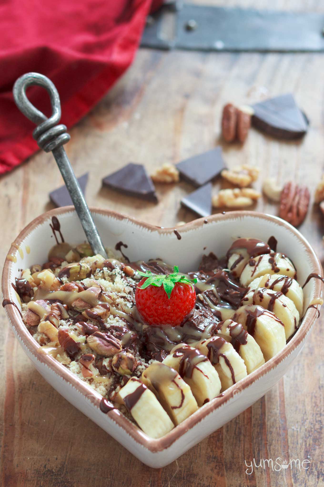 vegan snickers smoothie bowl with a spoon sticking out | yumsome.com
