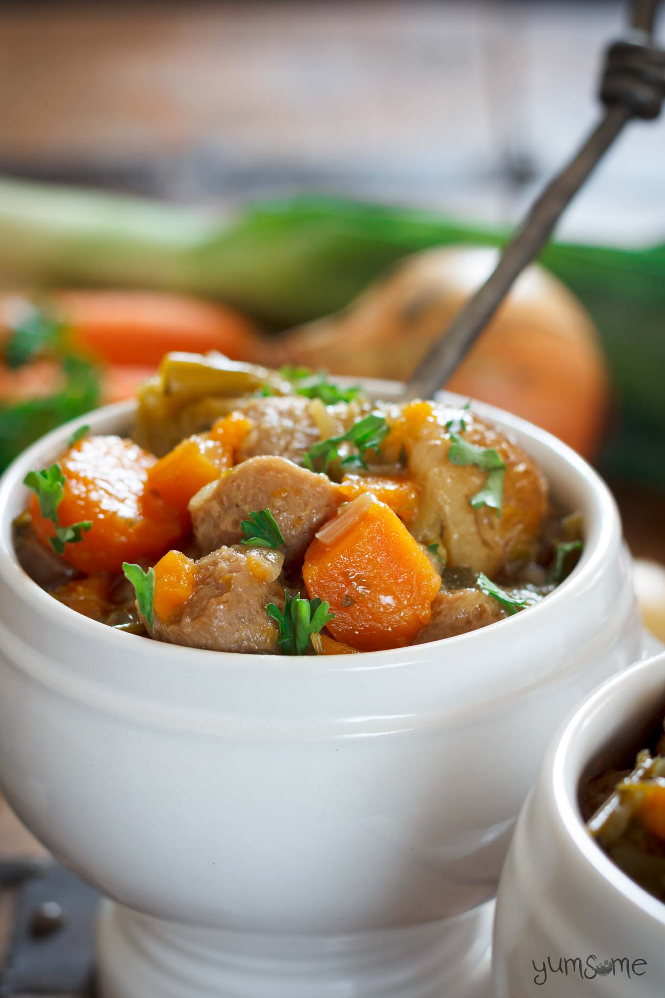 A white bowl containing vegan Irish stew.