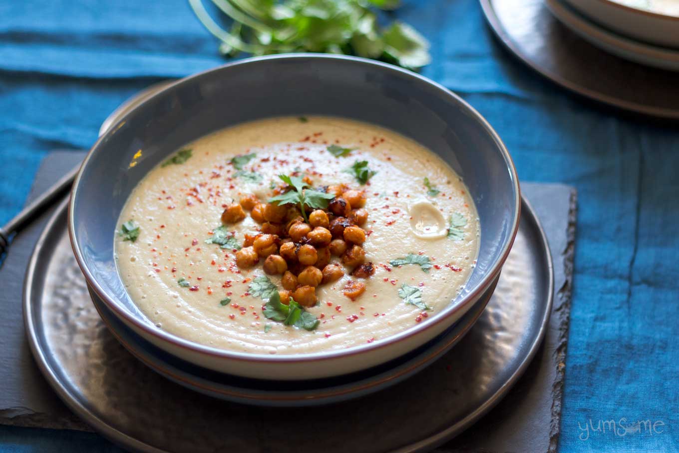 one bowl of Gingery Parsnip Soup with Spicy Roasted Chickpeas | yumsome.com