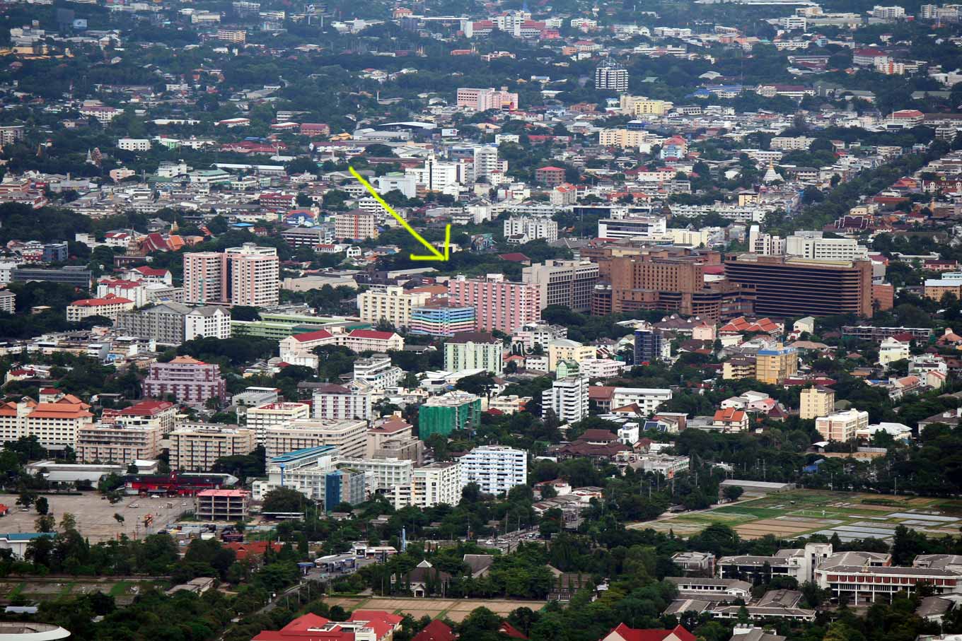 Pink condo as seen from Wat Doi Suthep.