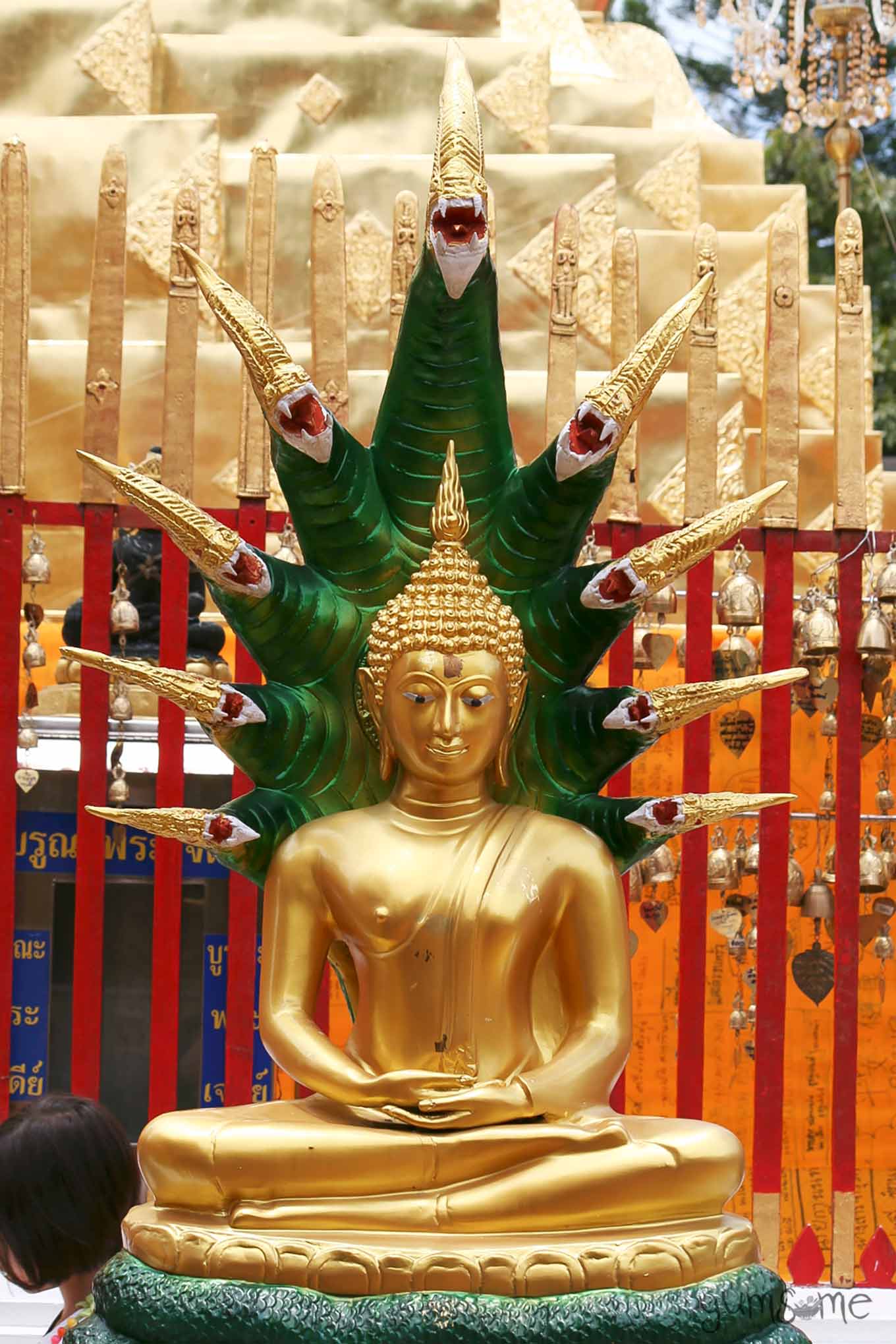 Golden Muchalinda Buddha statue, with an emerald green serpent canopy.