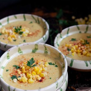 Several bowls of corn chowder.