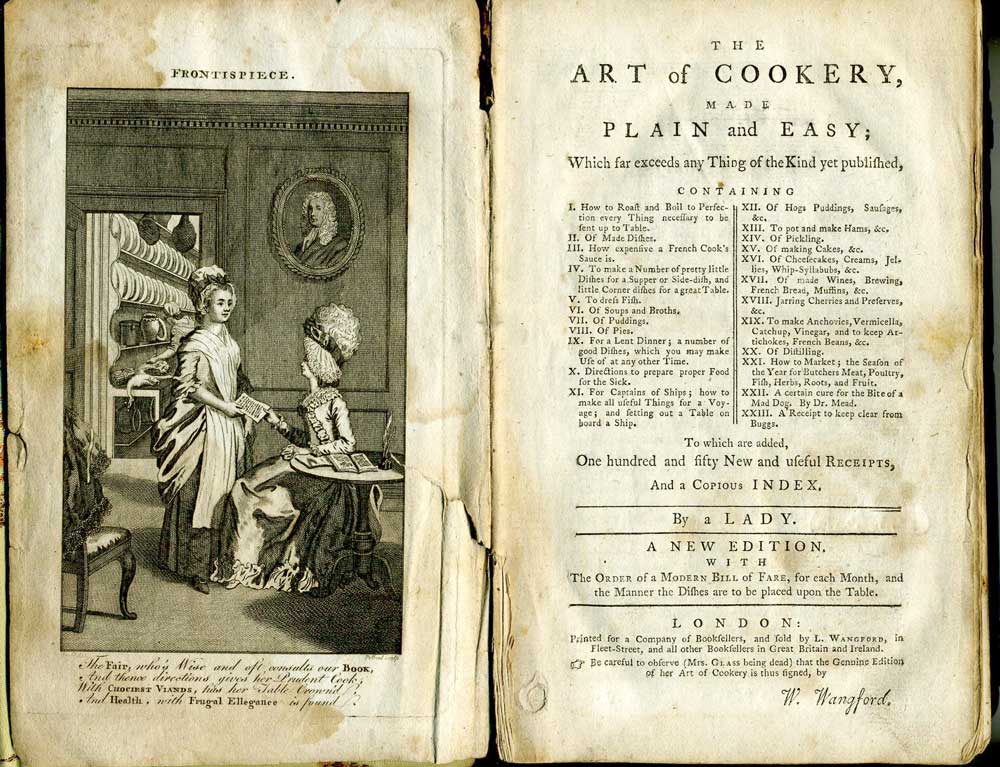 Frontispiece of the 1777 reprint of The Art of Cookery by Hannah Glasse