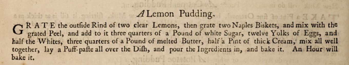 A lemon pudding recipe from The Art of Cookery by Hannah Glasse