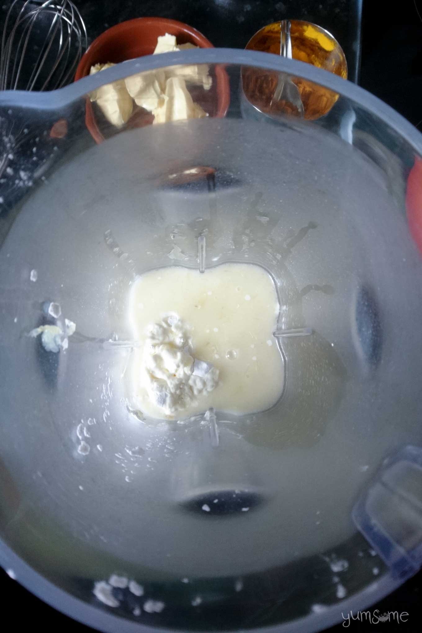 Lemon curd ingredients in a blender jug.