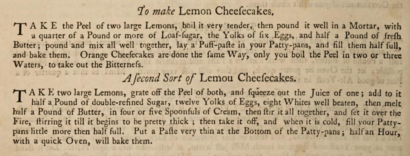Two lemon cheesecake recipes from The Art of Cookery by Hannah Glasse
