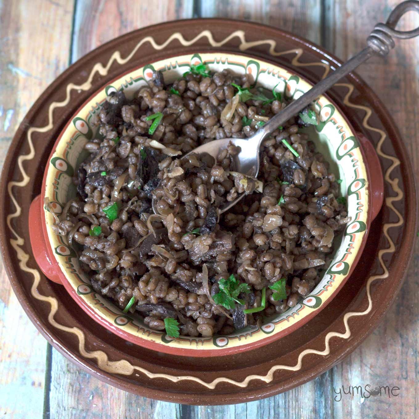 Overhead view of a rustic dish of Czech mushroom and barley risotto. A rustic fork is in the dish too.