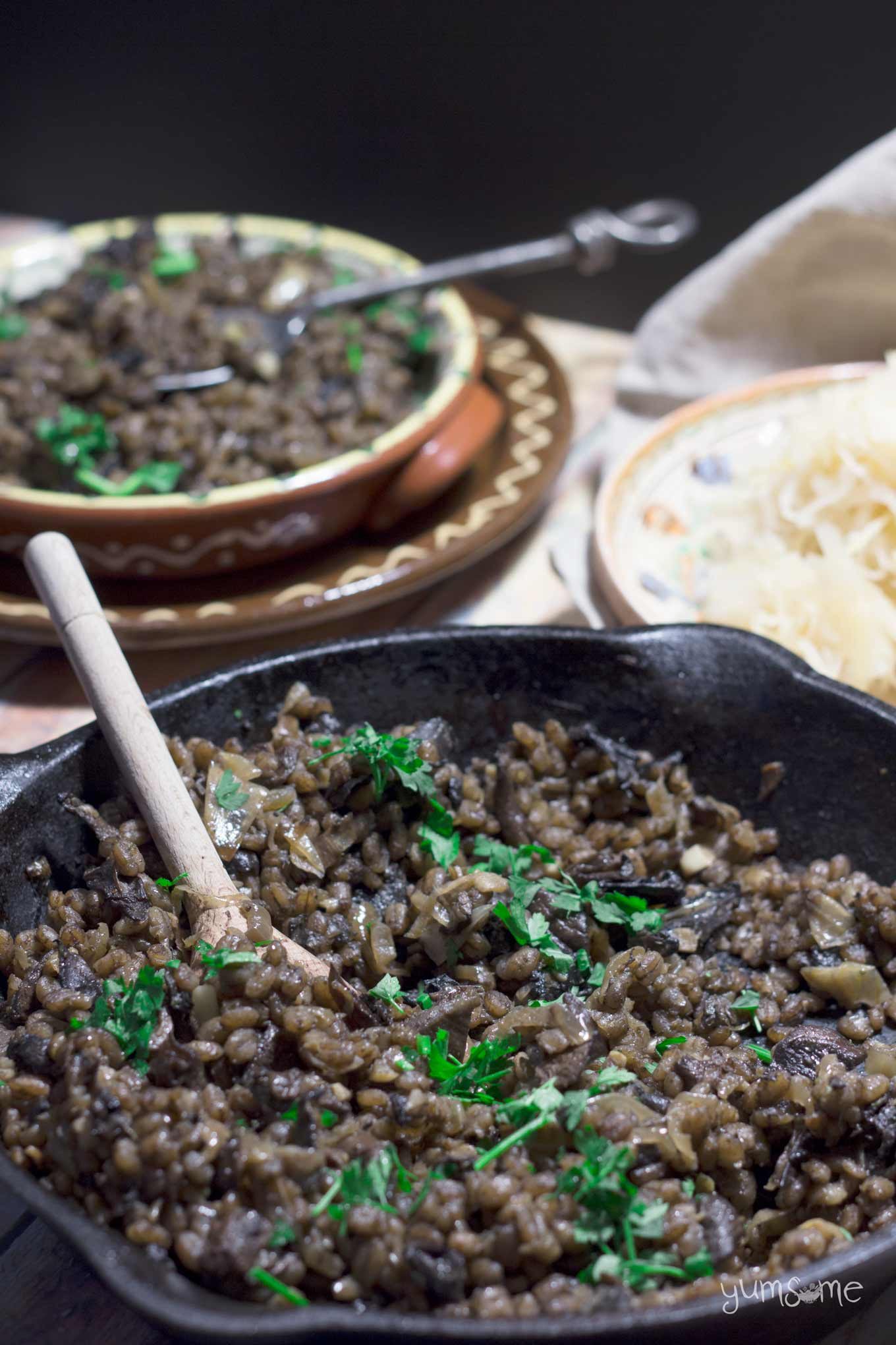 Closeup of a skillet containing Czech mushroom and barley risotto.