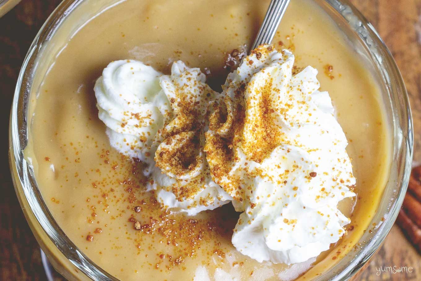 Overhead view of vegan butterscotch pudding, topped with whipped cream and brown sugar crystals.