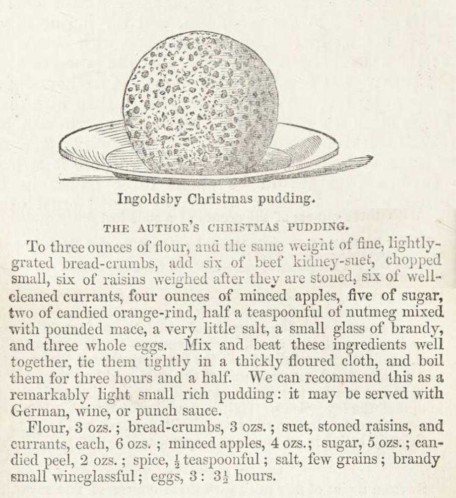 Eliza Acton's Christmas pudding recipe from 'Modern cookery, in all its branches; reduced to a system of easy practice for the use of private families.' 1845. 
