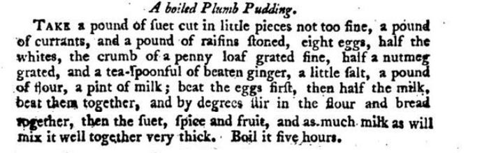 Plumb-pudding recipe from From The Art of Cookery Made Plain and Easy.
