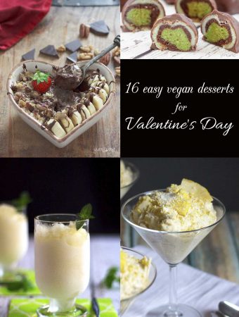 Pinterest collage of several images depicting 16 deliciously easy vegan desserts for Valentine’s Day.