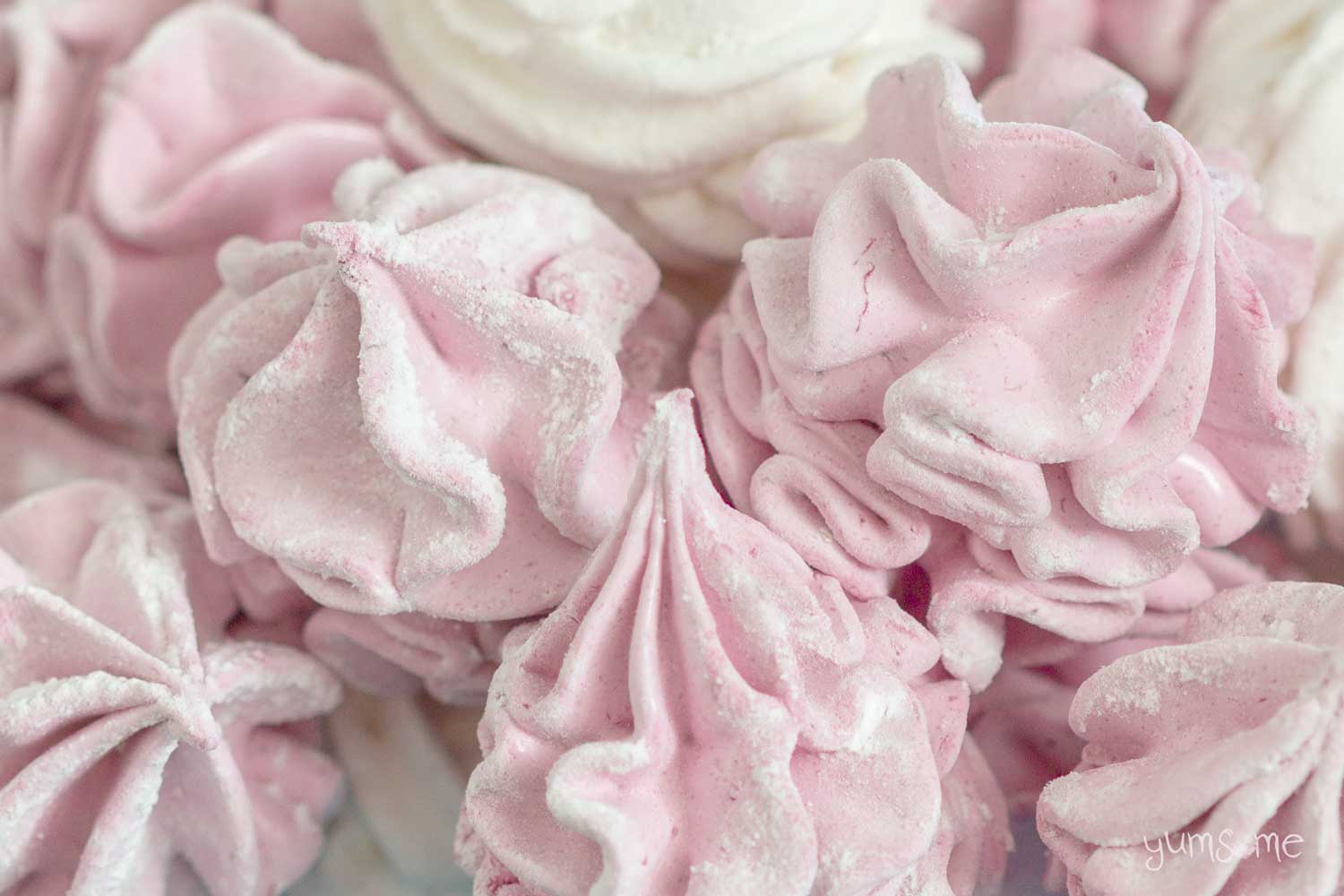 Close-up detail of pink vegan marshmallows.