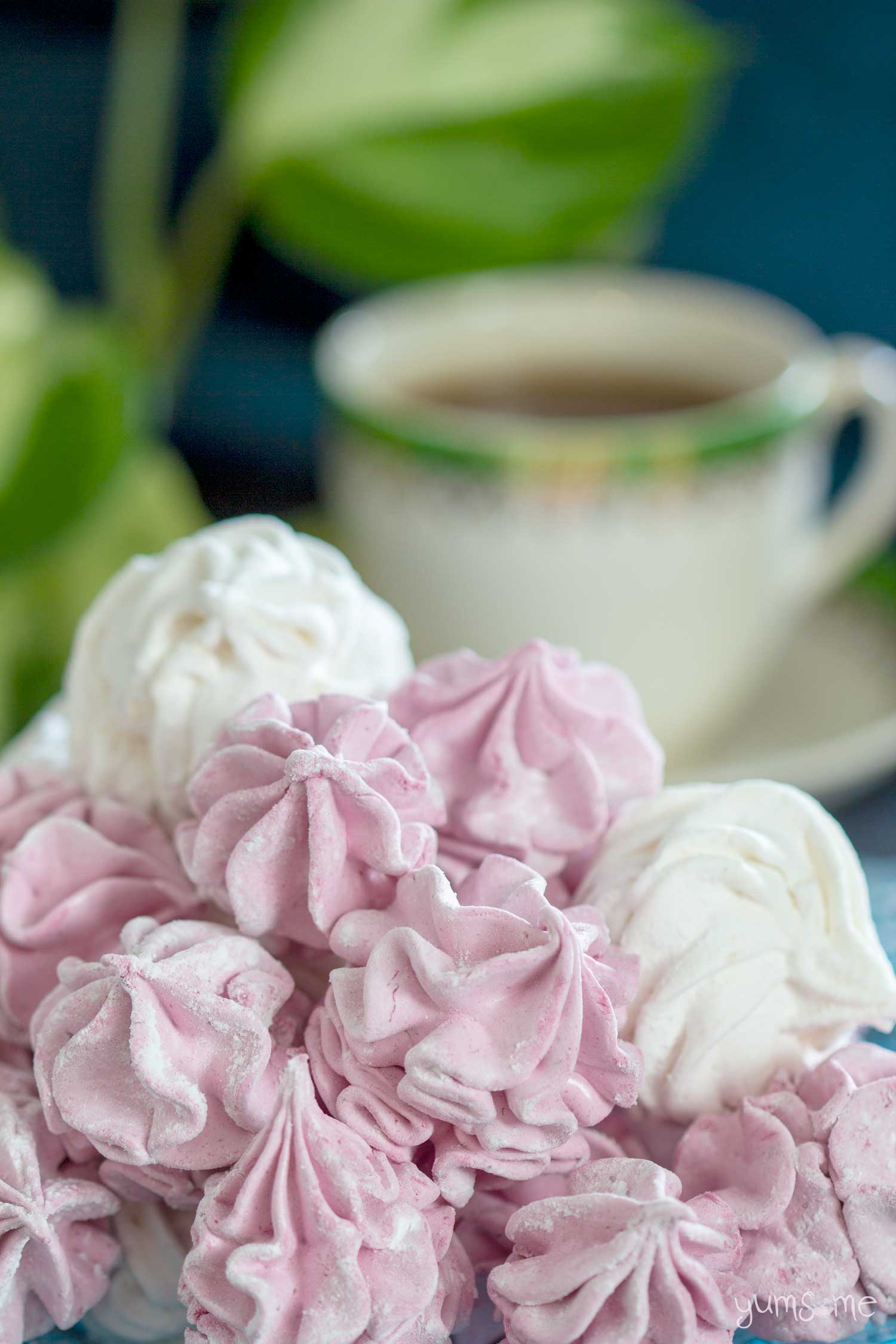 Pink and white vegan marshmallows and a cup of tea.